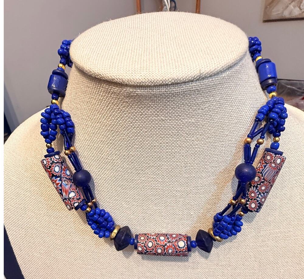 Vintage Blue Millefiori Beaded Necklace 16”